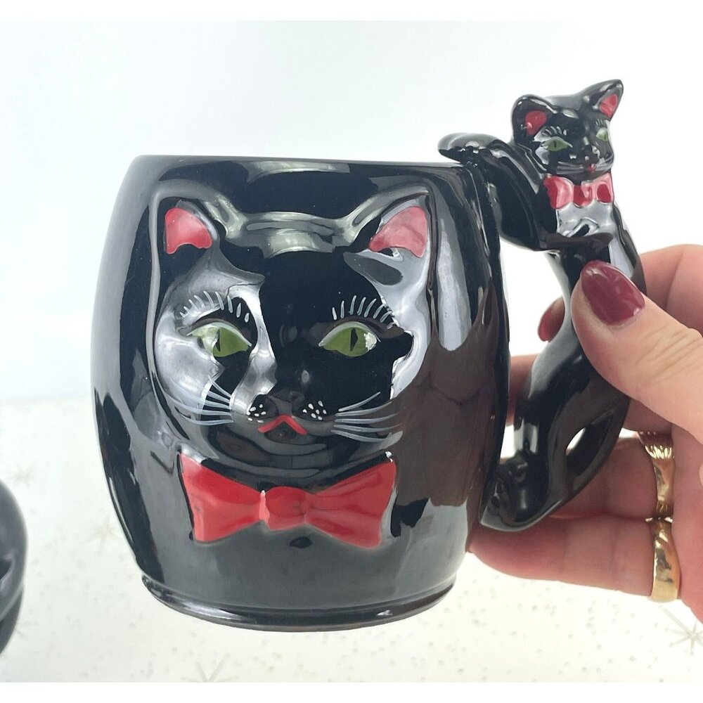 Vintage 50s black cat mug, ceramic, kitty handle red bow, Shafford Japan, for 1